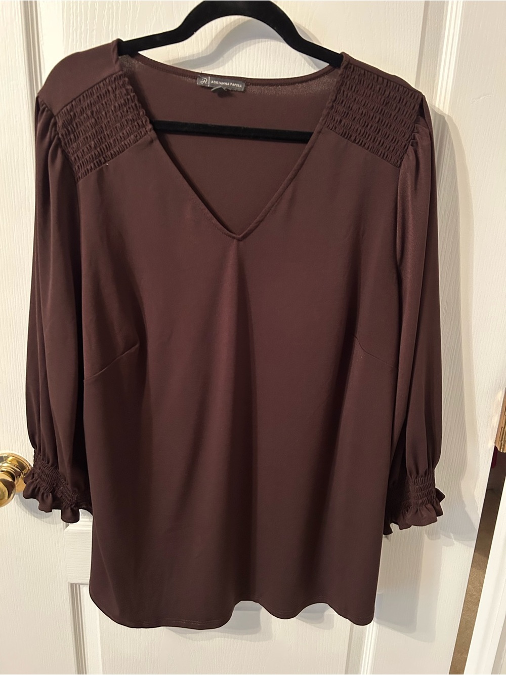 Adrienne Vittadini Chocolate Brown V-Neck Smocked Shoulder Long Sleeve Top
